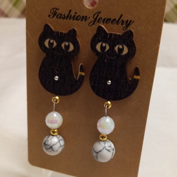 Home Made Handmade Wood & Metal Cat Black Button Earrings #42 - Picture 2 of 9